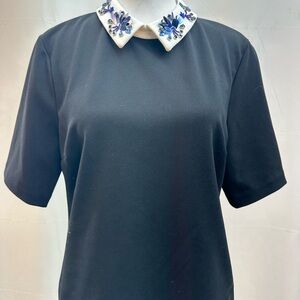 Ivanka Trump Black Short-Sleeve Top with White Embellished Peter Pan Collar S